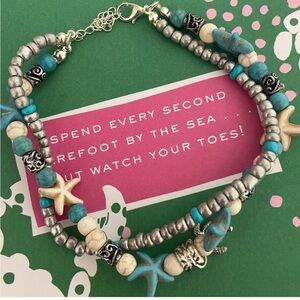 New Beachy Turquoise Silver Double Strand Beaded Anklet One Size